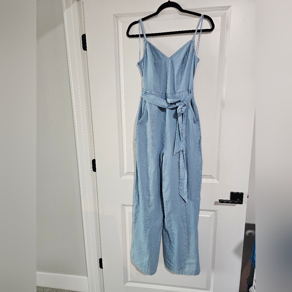 Light Blue Sleeveless Denim Jumpsuit with Belt